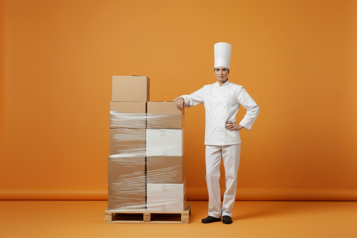 a chef standing next to a pallet of boxes, looking confident, full body, boxes on pallet as tall as the chef, pure orange background. the space between the head of the chef to the upper edge of the picture should be half the size of the chefs height